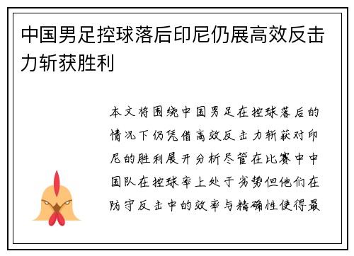 中国男足控球落后印尼仍展高效反击力斩获胜利