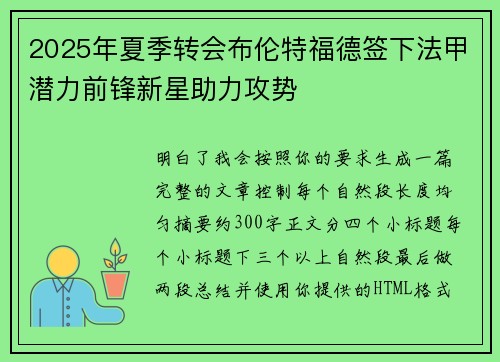 2025年夏季转会布伦特福德签下法甲潜力前锋新星助力攻势 2025年夏季转会布伦特福德签下法甲潜力前锋新星助力攻势