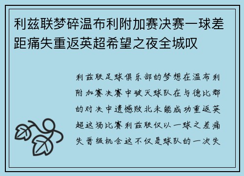 利兹联梦碎温布利附加赛决赛一球差距痛失重返英超希望之夜全城叹 利兹联梦碎温布利附加赛决赛一球差距痛失重返英超希望之夜全城叹